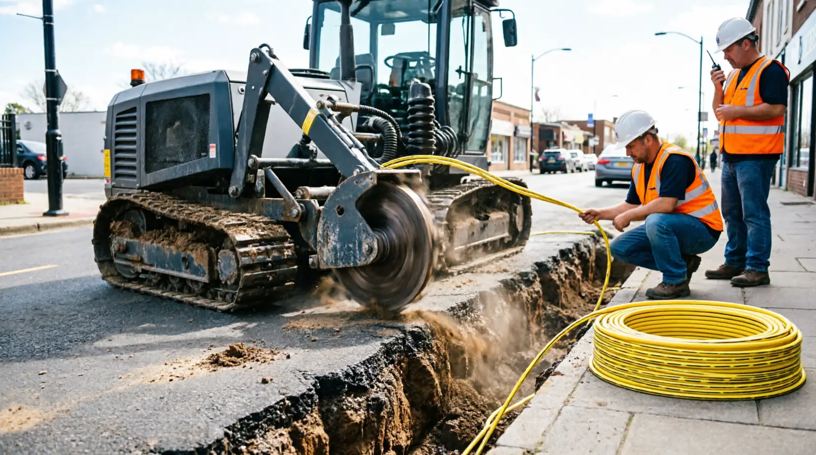 A highly detailed industrial photograph showing an advanced mechanical trencher machine cutting a precise narrow trench in an urban asphalt road.